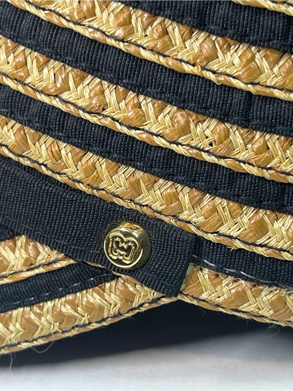 Eric Javits Striped Straw Cap Black Tan Woven Straw Baseball Cap